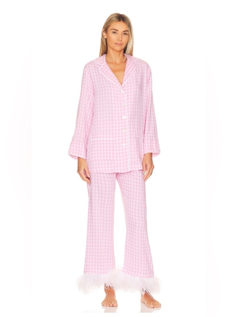 Sleeper Pink Vichy Pajama Party Set Ostrich Feather Pants Button Down Shirt XL